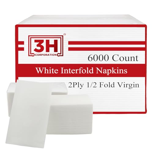 3H Interfold White Paper Napkins Disposable, 2-Ply 6000 Napkins Bulk (24 Pack, 250/Pack), 6.3