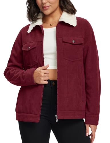 Image of MoFiz Womens Winter Fleece Jackets Zip Up Casual Corduroy Jacket Red M | Warm, Sherpa Fleece Lined Jacket, Autumn Winter Jacket, Fahsion Corduroy Jackets, Daily wear, Walking, Shopping, Hiking.
