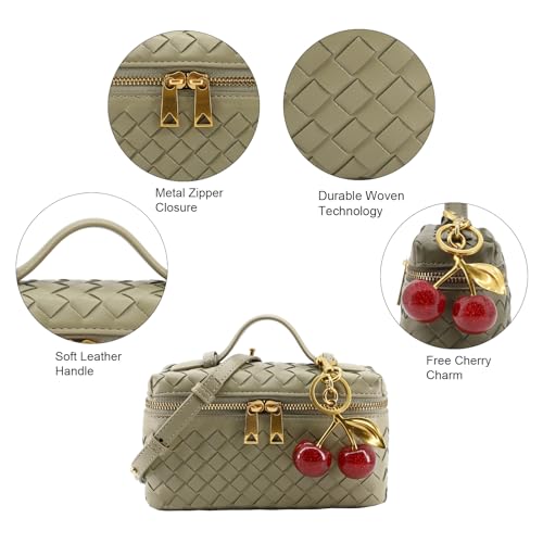Image of Small Woven Box Crossbody Bags for Women Designer Leather Mini Top Handle Clutch Purse Square Vanity Bag with Cherry Charm