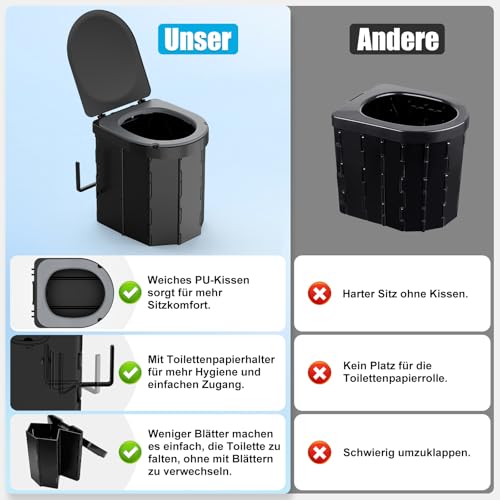WADEO Tragbare Campingtoilette mit Deckel und bequemem Sitzkissen, Belastbarkeit bis zu 200kg, Mobiltoilette Falttoilette mit Toilettenbeutel und Papierhalter, ideal für Camping Wandern Reisen Angeln