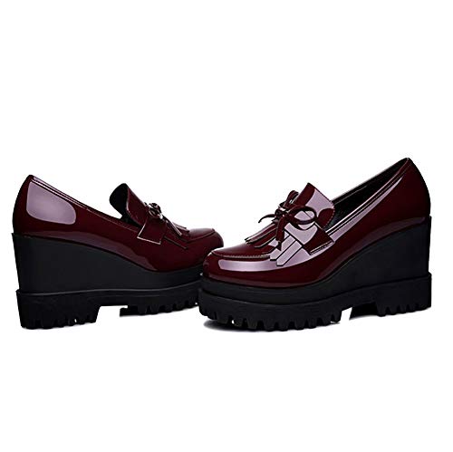 Odema sapato feminino de salto alto plataforma Oxford de couro envernizado, Pele de vinho, 8
