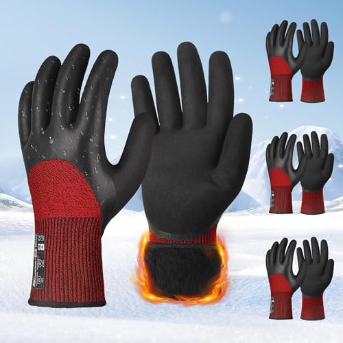 Schwer 3 Pairs Winter Work Gloves with 3/4 Double-Dipped Latex Coating, Thermal Insulated Gloves with Grip & Abrasion Resistance, Flexible & Comfortable, Used for Cold Weather, Freezer, 2XL, CR3313