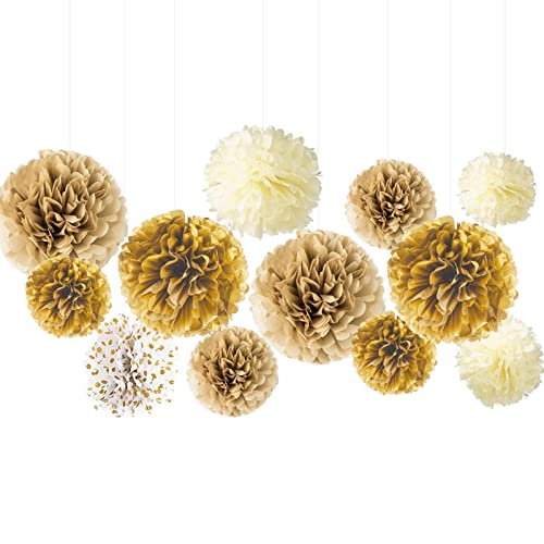 AIM & GGKK 12pcs 8" 10" 12" Paper Pompom Golden Gradient Gold Dot White Tissue Hanging Paper Pom Poms,Flower Ball Wedding Birthday Party Decoration