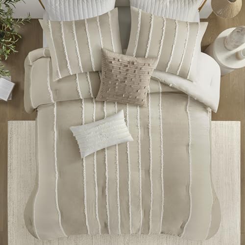 Image of Ink+Ivy Queen Comforter Set Boho Comforters Stripes, Clipped Jacquard, Cotton Comforter for Queen Size Bed, All Season Poly Fill Lightweight Queen Bedding & Shams, Shay, Full /Queen, Taupe 3 Piece