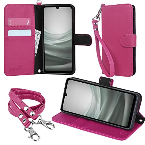 wisers AQUOS sense7 SH-53C / SHG10 対応 手帳型スマホケース (ピンク) 牛革調PUレザー (カードホルダー/スタンド機能付き) ストラップ 2種付き (ハンドストラップ/ネックストラップ)