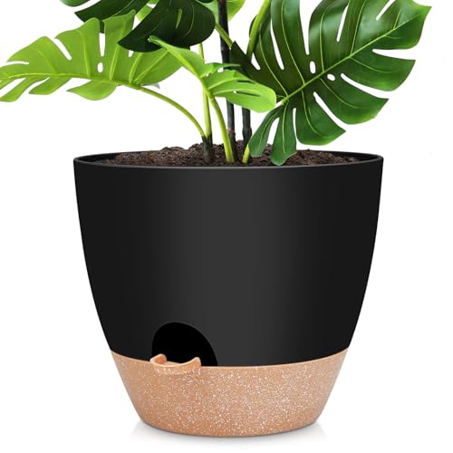 YNNICO 12 inch Large Self Watering Plant Pots, Flower Pots Planters with Multi Mesh Drainage Holes for Indoor Outdoor Garden Plants and Flowers.（Black）