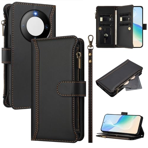 Rfvzubemok Compatible with Huawei Mate 60 Pro 4G,Compatible with Huawei Mate 60 Pro Plus 4G Cover,Flip Kickstand Double Card Slots Zipper Wallet Case Black