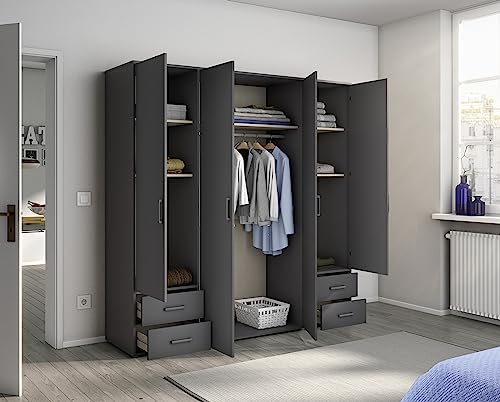 Rauch Möbel Voyager, Kleiderschrank für Schlafzimmer, Kinderzimmer, Babyzimmer, Jugendzimmer, Flur, 4-türig, 4 Schubladen, mit Zubehör Basic, Farbe Grau metallic, Schwarz, Breite 187cm