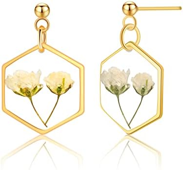 Handmade Pressed Flower Earrings for Women,Unique Pressed Baby's Breath Flower Earrings,Gold Stud Earrings,Resin Drop Dangle Plant Earrings,Symbol of Love and Innocence,Suitable for Gift Giving