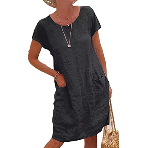 Robe quotidienne col rond à poches pour femmes unie et longueur genou confortable
