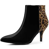 Botines de tacón, estampado de leopardo, contraste de color, cierre de cremallera