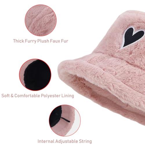 Image of Bucket Hat Women Furry Fuzzy Bucket Hats for Ladies, Winter Warm Fluffy Plush Faux Fur Hat for Women