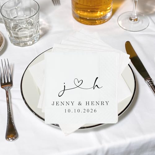 Image of Personalized Cocktail Napkins Wedding, Cheer Mr Mrs Name Couple, Pack 50 100 150 300 500 Anniversary Party, Disposable Decoration Initials Beverage Bar Reception Cocktail Luncheon Dinner, Golden 1