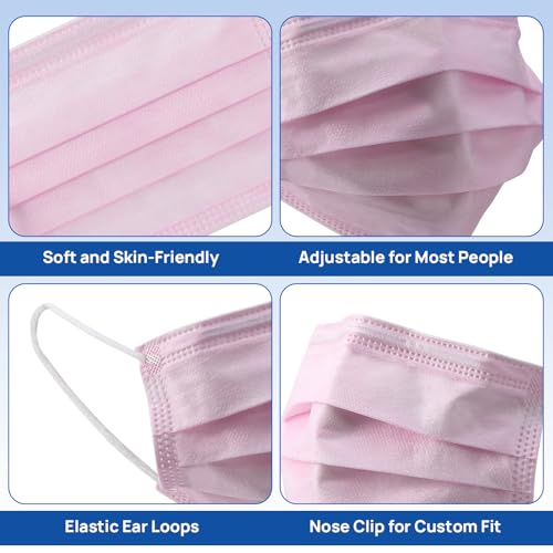 JMU 50pcs 3 Ply Pink Disposable Face Mask, Medical Grade, Comfortable & Breathable Suitable for Protection - Image 6
