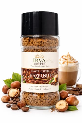 Image of IRVA Hazelnut Delight | Premium Hazelnut Flavoured Instant Coffee | Freeze-Dried Granules | Smooth, Nutty Indulgence with Rich Aroma | Perfect for Hot & Cold Coffee | Cafe-Style Experience at Home | 50 g | Makes 18-25 Cups