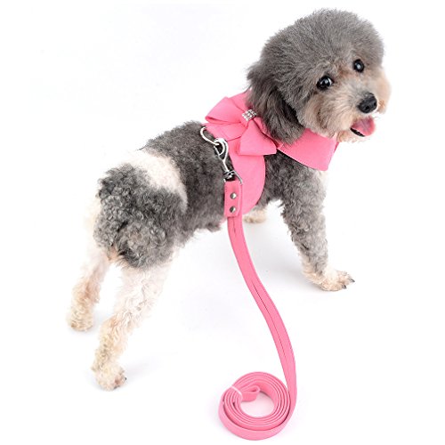 Ranphy Hundegeschirr aus Wildleder mit glitzernden Strasssteinen, kein Ziehen, mit Schleife, weiche Haustierweste mit Leine, verstellbar, für kleine Hunde, für Spaziergänge, Training, Wandern, Rosa,