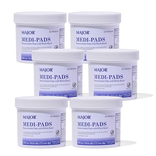 MAJOR Medi-Pads - Hemorrhoidal Hygienic Cleansing Witch Hazel Pads - Cooling Relief with Aloe - 100 Count Jar (6 Pack)