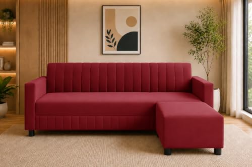 Image of 3 Seater Wooden Sofa with Ottoman | Modern Sofa Set for Living Room | Stylish Home Furniture Sofa with Comfortable Seating-Red