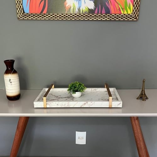 Bandeja Decorativa Para Servir Branco Gold Marmorizado Com Alça Dourada