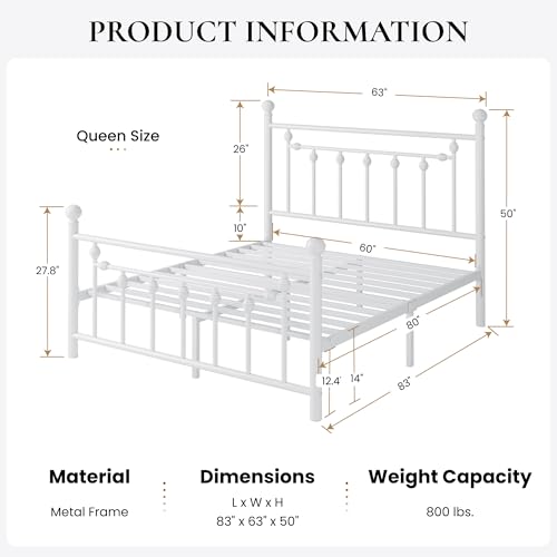 SHA CERLIN 14'' Queen Size Metal Platform Bed Frame/Victorian Headboard and Footboard/Steel Slats Mattress Foundation for Storage/No Box Spring Needed/Noise Free/White