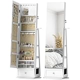 HOMCOM Espejo Joyero con Luces LED, Armario para Joyas, Armario Joyero con Espejo Entero, Giratorio de 360°, Cajón, Cerradura, Estantes Abiertos, Soporte para Secador, Blanco