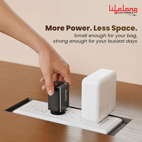Image of Lifelong Electronics Travel Adapter Gan Fast Charger | 50W (25W Tangle-Free Retractable Type-C Cable + 25W Type C Port) | 18W USB A Port | for iPhone, iPad, Samsung, Nothing and All Phones & Tablets