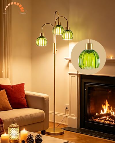 Image of 3-Light Glass Floor Lamp, 70 inch Gold Dimmable Standing Tall Lamp with Green Glass Shades &3PCS 3000K Warm White Bulbs for Wedding /Party, Modern Tree Pole Lamp for Living Room Bedroom Home Office Corner