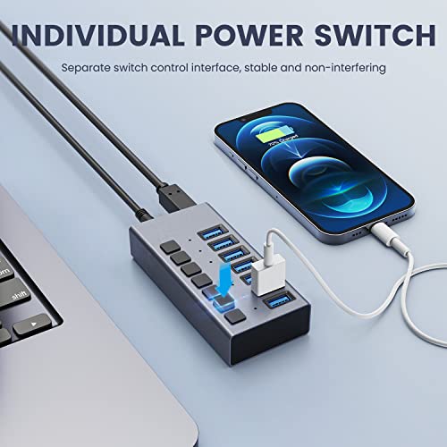 36W Powered USB Hub - ACASIS 7 Ports USB 3.0 Data Hub - with Individual On/Off Switches and 12V/3A Power Adapter USB Hub 3.0 Splitter for Laptop, PC, Computer, Mobile HDD, Flash Drive and More