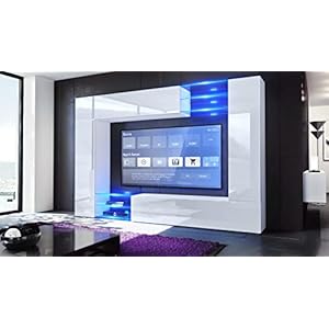 Vladon Wohnwand Mirage, Anbauwand mit Rückwand mit 2 Türen, 2 Klappen und 6 offenen Glasablagen, Weiß matt/Weiß…