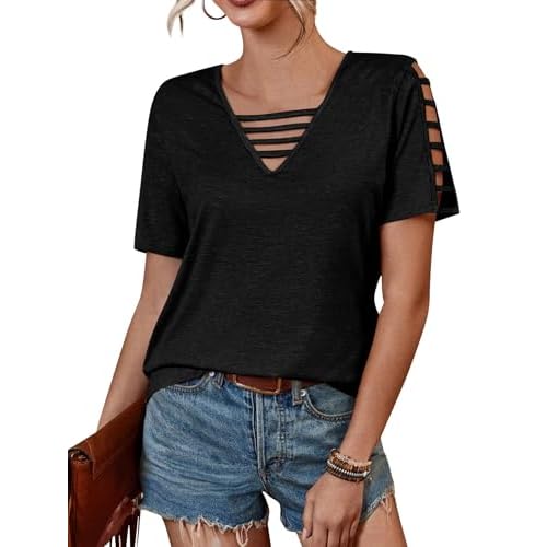 Women's Spring V Neck T-Shirt Loose Fit Hollow Out Short Sleeve Casual Summer Basic Tops for 2025 Beach Vacation