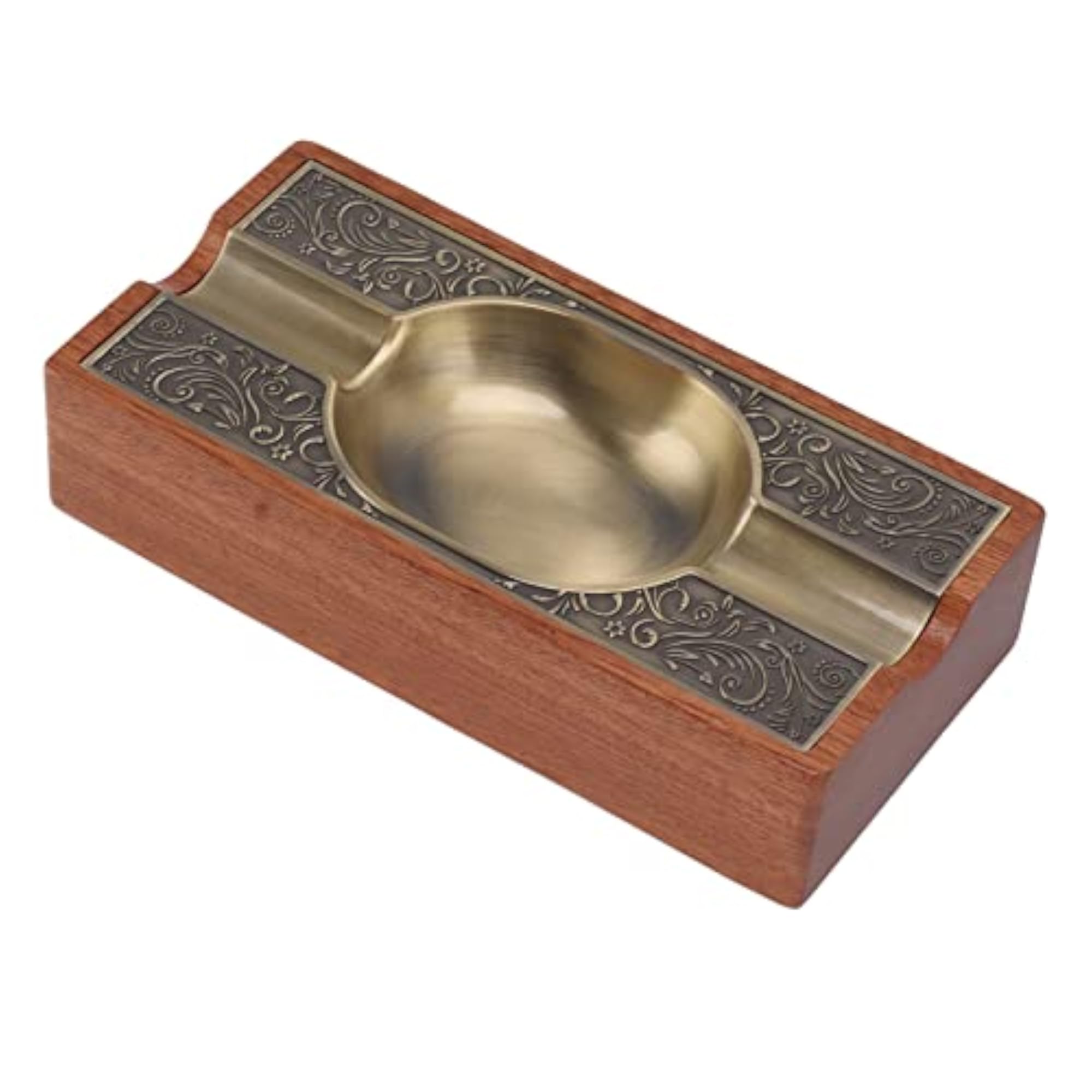 Vintage Solid Wood Cigar Ashtray with Bronze Plating