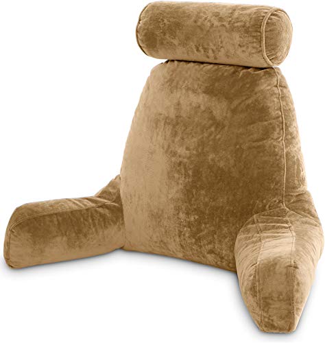 Husband Pillow XXL Tan Backrest with Arms - Adult Reading Pillow Shredded Memory Foam, Ultra-Comfy Removable Microplush Cover & Detachable Neck Roll, Unmatched Support for Bed Rest Sit Up Pillow