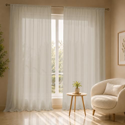Image of LINENWALAS Aesthetic Sheer Curtains 5 Feet Long Set of 2, Poly Linen Shrink & Fade Proof Drapes for Window, Semi Transparent Modern Panels with Rod Pocket Hanging for Living Room (Mocha /5 Feet)