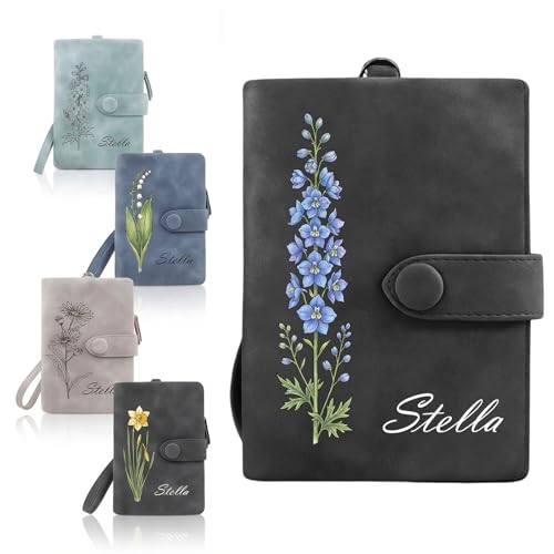 Image of Custom Wallet for Women Personalized Birth Flower & Name Purse Soft Leather Bifold Clutch with Strap Customized Gift for Mom Girlfriend