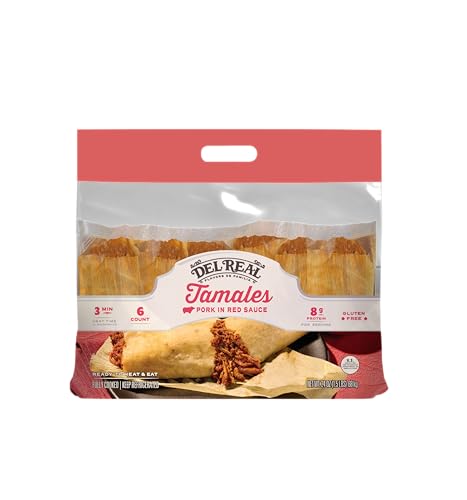 Del Real Foods Pork Tamales – Authentic Hand-Wrapped Corn Masa Tamales with Red Sauce, Fully Cooked & Ready to Eat, Heat & Serve in 60–75 Seconds | 6 Count, 24 oz, Refrigerated