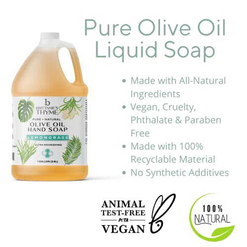 Brittanie's Thyme Organic Olive Oil Castile Liquid Soap Refill, 1 Gallon Lemongrass | Made With Natural Luxurious Oils, Vegan & Gluten Free Non-Gmo, For Face, Body, Dishes, Pets & Laundry #TOP1