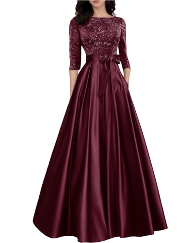 Mother of The Bride Dresses Long Evening Formal Dress Lace Wedding Guest Groom Gowns Applique 3/4 Sleeve Bowknot
