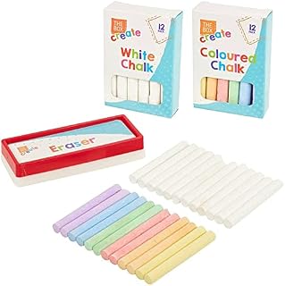 JKG® 25 PIECE CHALK & ERASER SET FOR KIDS - Children's Outside Pavement Patio Drawing Chalk & Sponge Eraser For Walls, Blackboard, Chalkboard, School (12 WHITE CHALK 12 MULTI COLOURED CHALK, 1 ERASER)