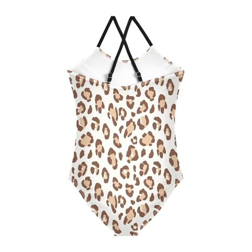 One Piece Toddler Swimsuit Girl, Summer Beach Swimwear 3-10 Y, Leopard Print Soft Brown Beige2