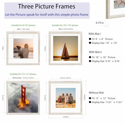 12x12 Picture Frame Set,Solid Wood,Not Glass,Display Pictures 8x8,10x10 with Mat or 12x12 Without Mat,Stable Sturdy Hanging Picture Frames for Wall Mounting or Tabletop (White Brown,12x12,Set of 2) by Metchite - Image 2
