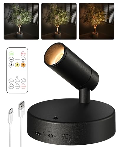 EZVALO Wireless LED Spotlights Indoor, 5500mAh Rechargeable Battery Powered Plants Spotlights Indoor, Dimmable & Timer, 3 CCT Small Up Lights with Remote, Accent Uplighting for Artwork,Tree(Black)