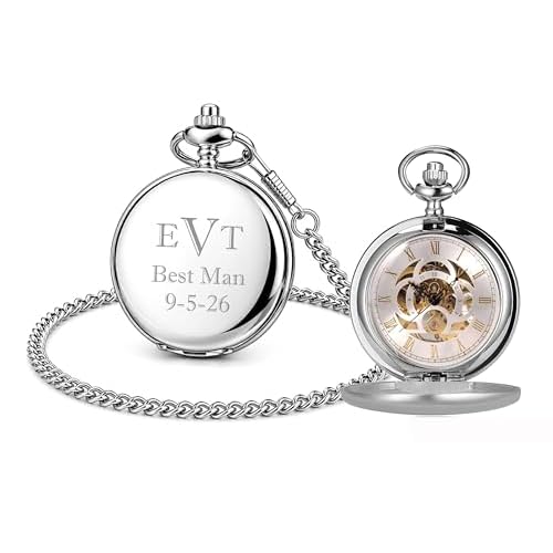 Personalized Antique Mechanical Movement Silver Pocket Watch Custom Engraved Free with Gift Box - Ships from USA (PW51)