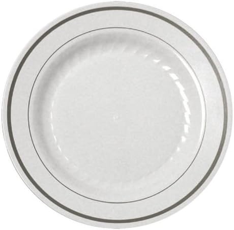 Disposable Reusable Appetizer Dinner Dessert Salad Plate for Party Catering Wedding Birthday Anniversary Shower (15 Pieces 6", White & Silver Bands)