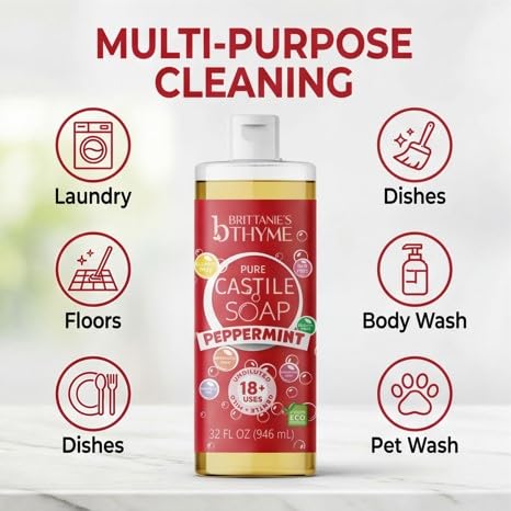 Brittanie's Pure Castile Liquid Soap Peppermint – 2 Pack (32oz Each) | Natural, Organic, Multi-Purpose Soap for Body, Face, Home & Pets | Vegan, Sulfate-Free, Made in USA - Image 4
