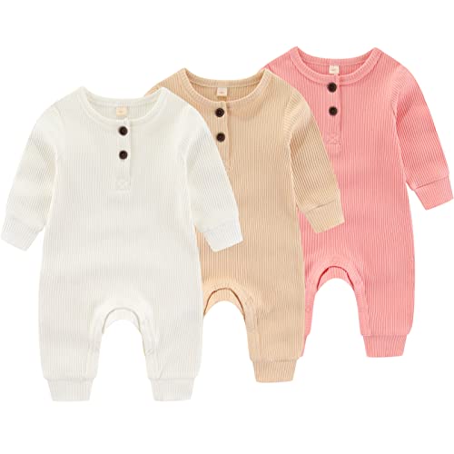Image of IADOER Newborn Baby Boys Girls One Piece Romper With Mitten Cuffs 3 Pack Long Sleeve Ribbed Button Jumpsuit Outfit Clothes