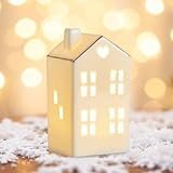Recitem Weihnachtsdeko Keramik Weihnachtshäuser mit Beleuchtung, Weiß Weihnachtsdorf mit Beleuchtung Weihnachtshaus Beleuchtet Batteriebetrieben Porzellan Lichterhäuser Weihnachten Deko Häuschen (B)