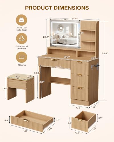 Image of LIVELYGLOW 35.4 inch Wooden Makeup Vanity Set with Charging Station & Stool | Smart LED Mirror, Fluted Design, Cushioned Stool, Hairdryer Rack