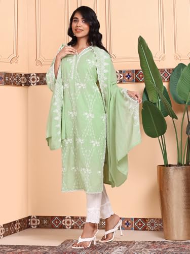 Image of ishin Thread Work Straight Kurta With Pants and Scalloped Schiffli Dupatta
