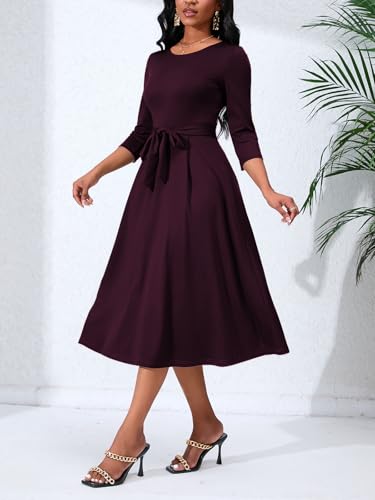 Image of PerZeal Women's Caual Midi Dress 3 /4 Sleeve Crewneck A-line Swing Dress for Women with Belt for Wedding Guest & Cocktail Party Burgundy XXX-Large