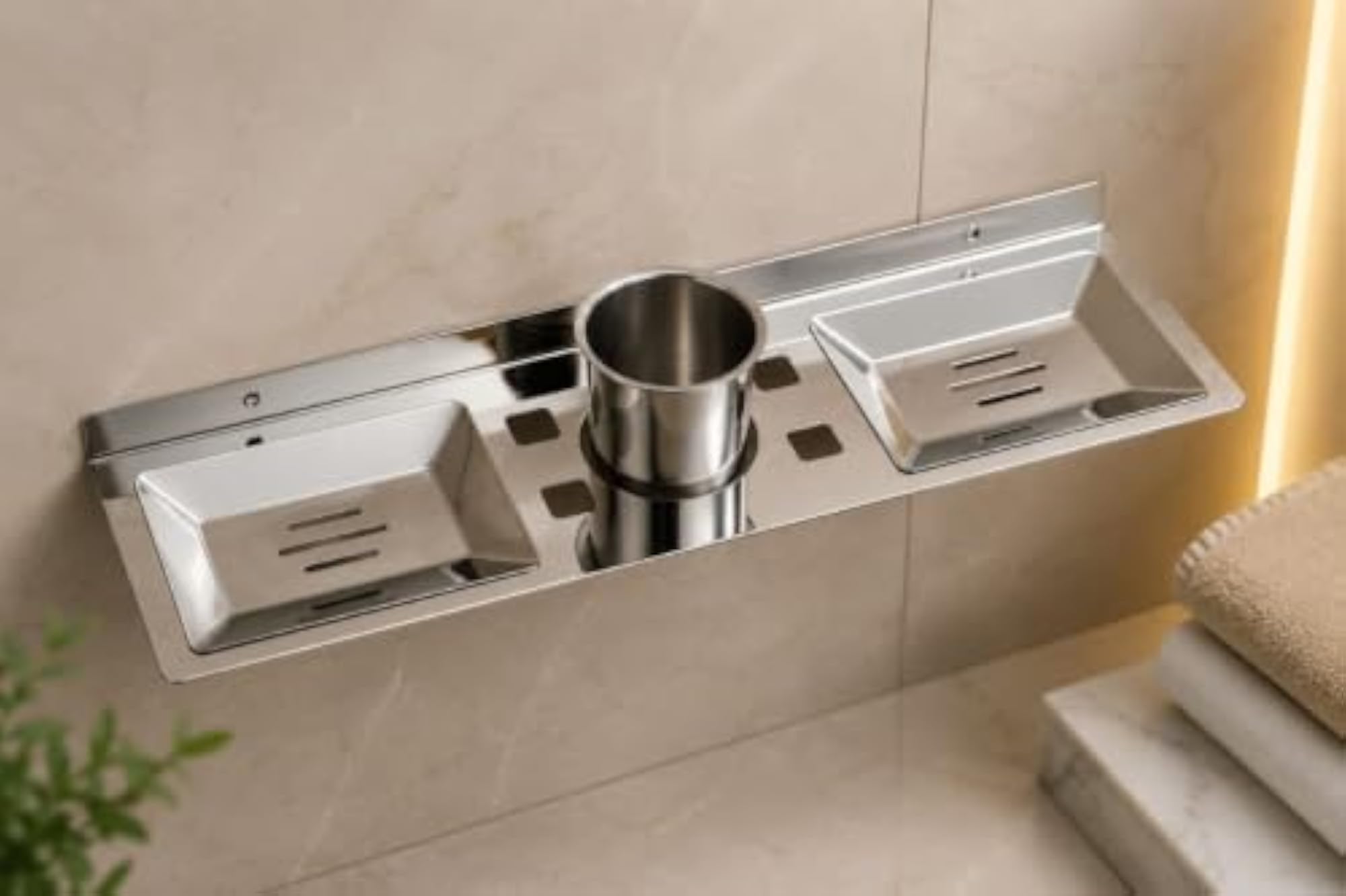 Stainless Steel Wall Mounted Double Soap Dish with Tumbler Holder